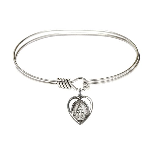 Adult 7&amp;quot; Oval Rhodium Plated Bangle Bracelet with Miraculous Charm