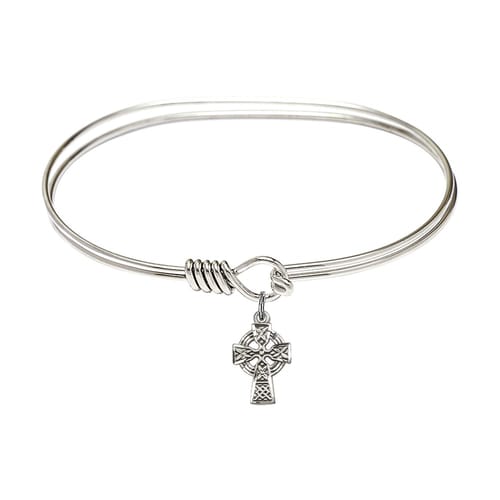 Adult 7&amp;quot; Oval Rhodium Plated Bangle Bracelet with Celtic Cross Charm