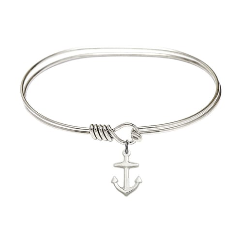 Adult 7&amp;quot; Oval Rhodium Plated Bangle Bracelet with Anchor Charm