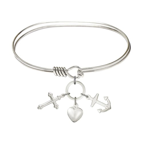 Adult 7&amp;quot; Oval Rhodium Plated Bangle Bracelet with Faith, Hope &amp;amp; Charity Charm