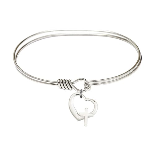 Adult 7&amp;quot; Oval Rhodium Plated Bangle Bracelet with Heart - Cross Charm