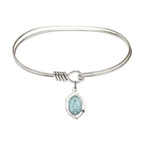 Adult 7&amp;quot; Oval Rhodium Plated Bangle Bracelet with Miraculous Leaf Charm