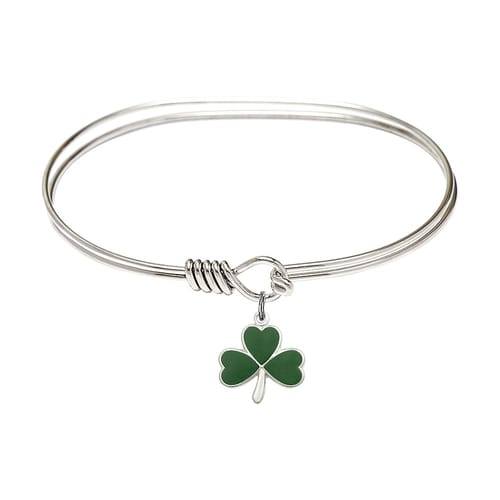 Adult 7&amp;quot; Oval Rhodium Plated Bangle Bracelet with Shamrock Charm