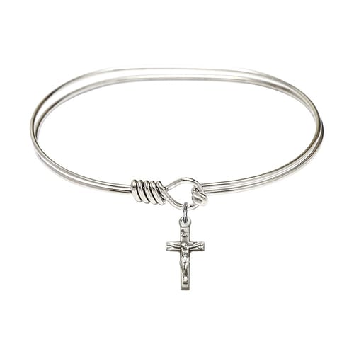 Adult 7&amp;quot; Oval Rhodium Plated Bangle Bracelet with Crucifix Charm