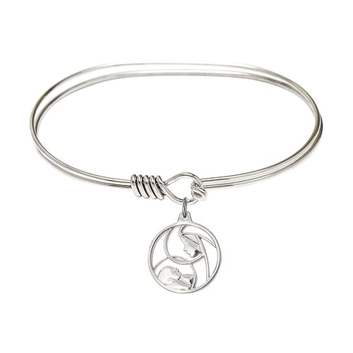 Adult 7&amp;quot; Oval Rhodium Plated Bangle Bracelet with Madonna and Child Charm