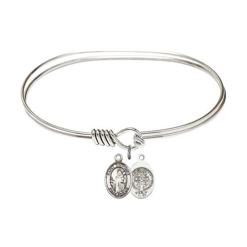 Adult 7&amp;quot; Oval Rhodium Plated Bangle Bracelet with St. Benedict Medal Charm