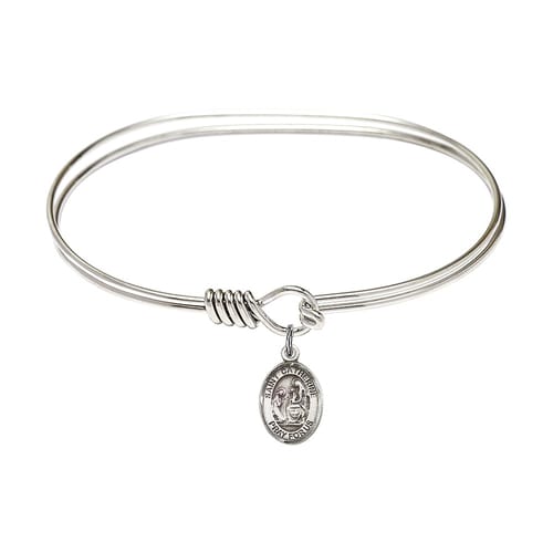 Adult 7&amp;quot; Oval Rhodium Plated Bangle Bracelet with St. Catherine of Siena Medal Charm