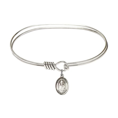Adult 7&amp;quot; Oval Rhodium Plated Bangle Bracelet with St. Dennis Medal Charm