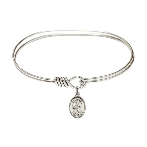 Adult 7&amp;quot; Oval Rhodium Plated Bangle Bracelet with St. Jane of Valois Medal Charm