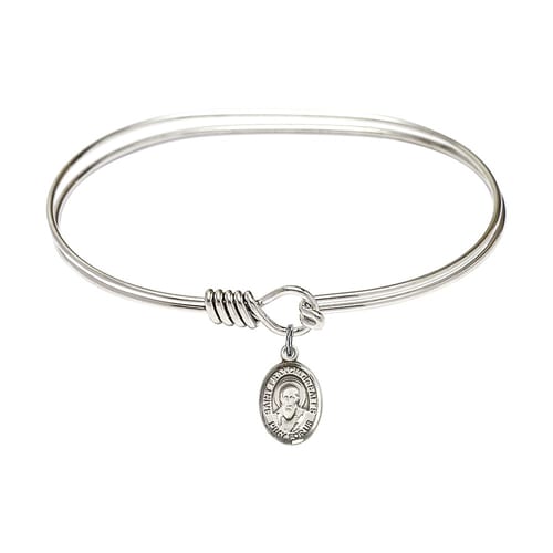 Adult 7&amp;quot; Oval Rhodium Plated Bangle Bracelet with St. Francis de Sales Medal Charm