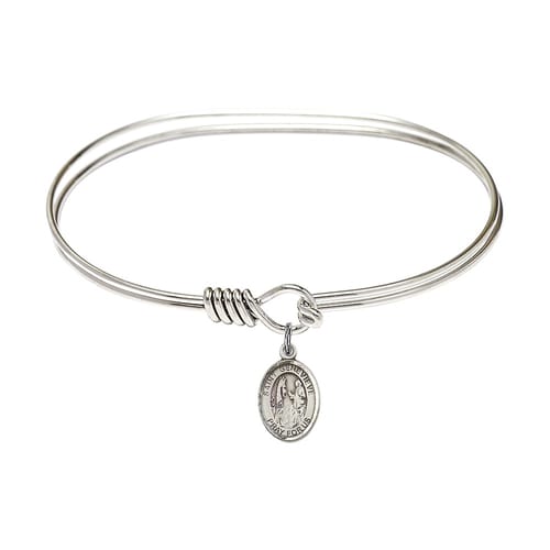 Adult 7&amp;quot; Oval Rhodium Plated Bangle Bracelet with St. Genevieve Medal Charm