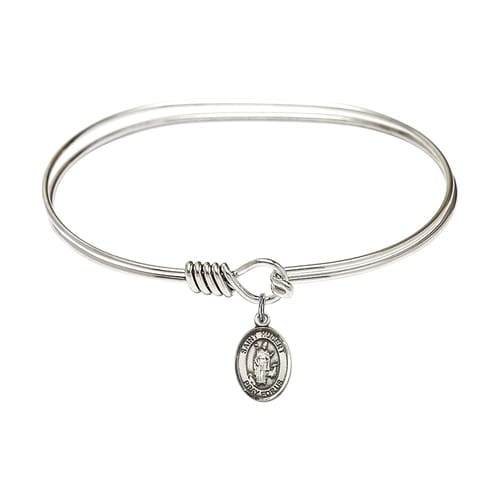 Adult 7&amp;quot; Oval Rhodium Plated Bangle Bracelet with St. Hubert of Liege Medal Charm