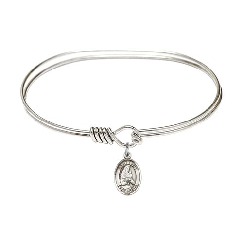 Adult 7&amp;quot; Oval Rhodium Plated Bangle Bracelet with St. Emily de Vialar Medal Charm