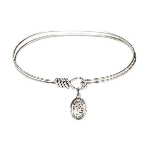 Adult 7&amp;quot; Oval Rhodium Plated Bangle Bracelet with St. Isidore of Seville Medal Charm