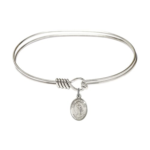 Adult 7&amp;quot; Oval Rhodium Plated Bangle Bracelet with St. Joan of Arc Medal Charm