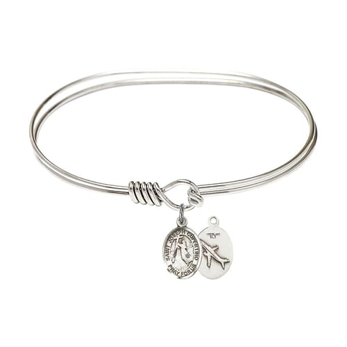 Adult 7&amp;quot; Oval Rhodium Plated Bangle Bracelet with St. Joseph of Cupertino Medal Charm