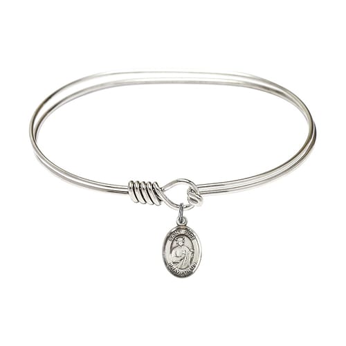 Adult 7&amp;quot; Oval Rhodium Plated Bangle Bracelet with St. Jude Thaddeus Medal Charm