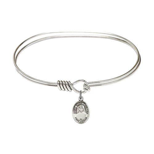 Adult 7&amp;quot; Oval Rhodium Plated Bangle Bracelet with St. Maria Faustina Medal Charm