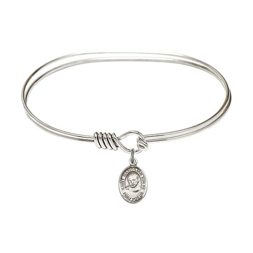Adult 7&amp;quot; Oval Rhodium Plated Bangle Bracelet with St. Maximilian Kolbe Medal Charm
