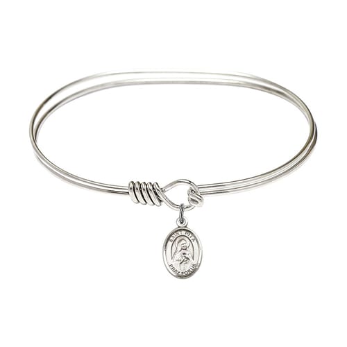 Adult 7&amp;quot; Oval Rhodium Plated Bangle Bracelet with St. Rita of Cascia Medal Charm