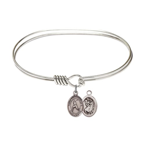Adult 7&amp;quot; Oval Rhodium Plated Bangle Bracelet with St. Christopher-Baseball Medal Charm