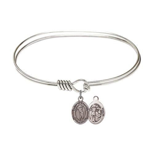 Adult 7&amp;quot; Oval Rhodium Plated Bangle Bracelet with St. Sebastian-Golf Medal Charm