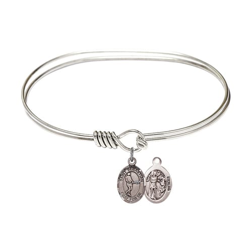 Adult 7&amp;quot; Oval Rhodium Plated Bangle Bracelet with St. Sebastian-Tennis Medal Charm