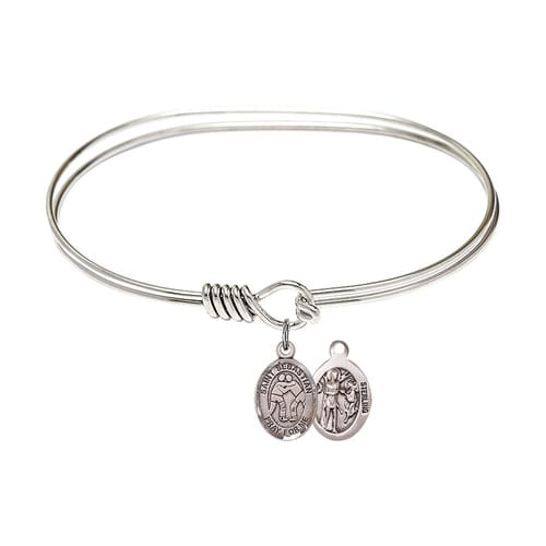 Adult 7&amp;quot; Oval Rhodium Plated Bangle Bracelet with St. Sebastian-Wrestling Medal Charm