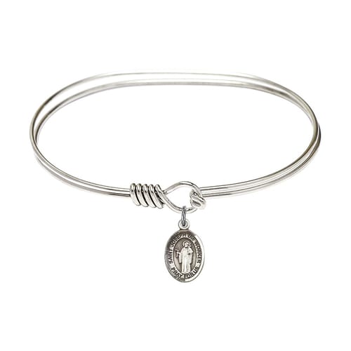 Adult 7&amp;quot; Oval Rhodium Plated Bangle Bracelet with St. Joseph the Worker Medal Charm