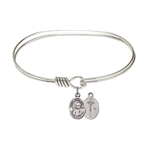 Adult 7&amp;quot; Oval Rhodium Plated Bangle Bracelet with St. John Paul II Medal Charm