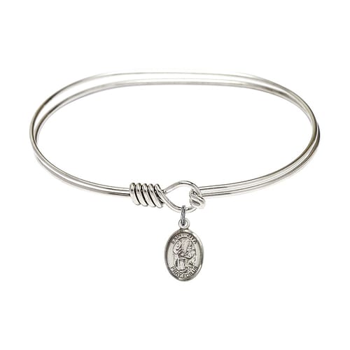 Adult 7&amp;quot; Oval Rhodium Plated Bangle Bracelet with St. Zita Medal Charm