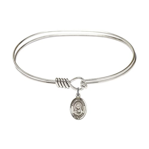 Adult 7&amp;quot; Oval Rhodium Plated Bangle Bracelet with St. Rebecca Medal Charm