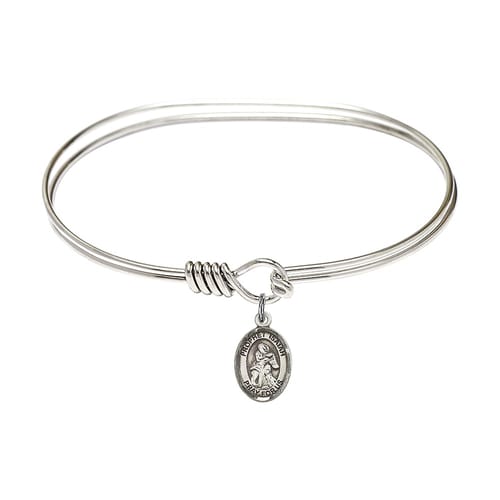 Adult 7&amp;quot; Oval Rhodium Plated Bangle Bracelet with St. Isaiah Medal Charm