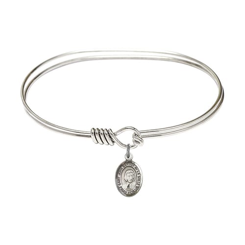 Adult 7&amp;quot; Oval Rhodium Plated Bangle Bracelet with St. John Baptist de la Salle Medal Charm