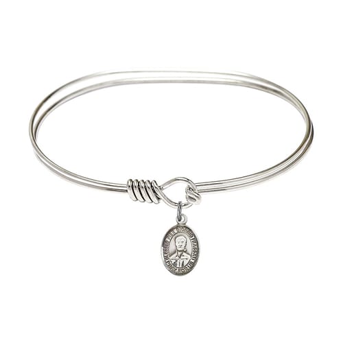 Adult 7&amp;quot; Oval Rhodium Plated Bangle Bracelet with Blessed Pier Giorgio Frassati Medal Charm