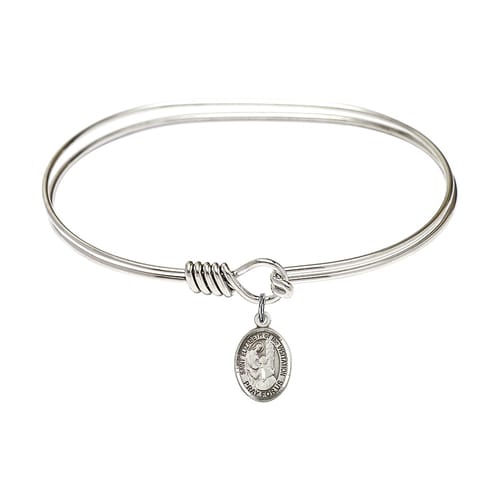 Adult 7&amp;quot; Oval Rhodium Plated Bangle Bracelet with St. Elizabeth of the Visitation Medal Charm