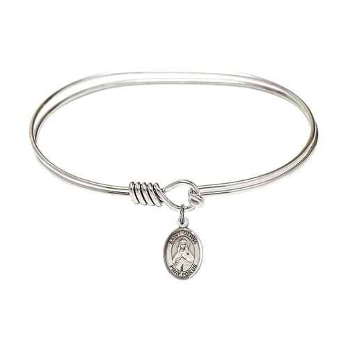Adult 7&amp;quot; Oval Rhodium Plated Bangle Bracelet with St. Olivia Medal Charm
