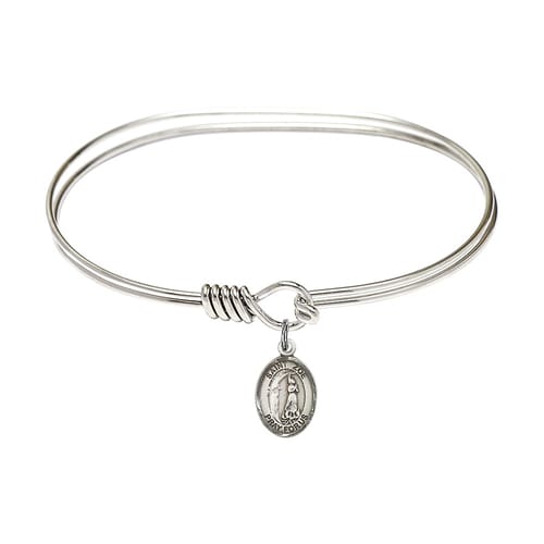 Adult 7&amp;quot; Oval Rhodium Plated Bangle Bracelet with St. Zoe of Rome Medal Charm