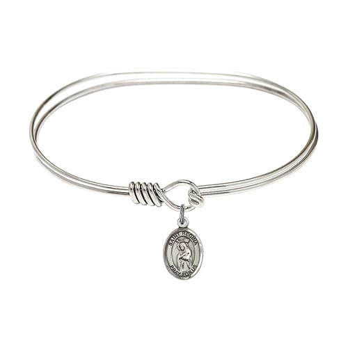 Adult 7&amp;quot; Oval Rhodium Plated Bangle Bracelet with St. Regina Medal Charm