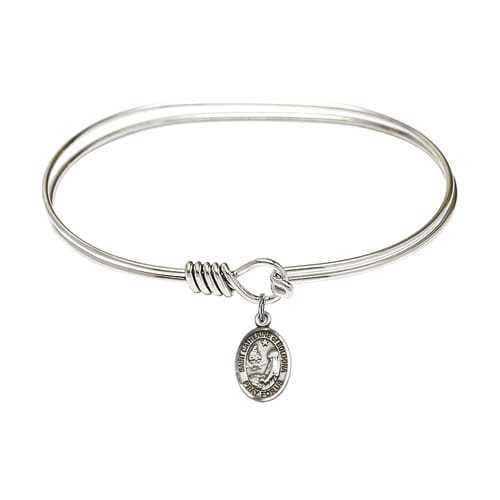 Adult 7&amp;quot; Oval Rhodium Plated Bangle Bracelet with St. Catherine of Bologna Medal Charm