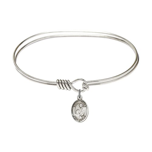 Adult 7&amp;quot; Oval Rhodium Plated Bangle Bracelet with St. Paula Medal Charm