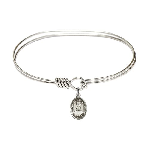 Adult 7&amp;quot; Oval Rhodium Plated Bangle Bracelet with St. Josephine Bakhita Medal Charm
