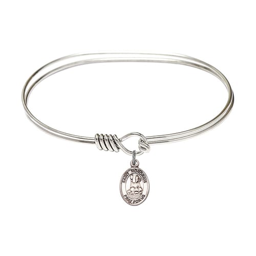 Adult 7&amp;quot; Oval Rhodium Plated Bangle Bracelet with St. Honorius of Amiens Medal Charm