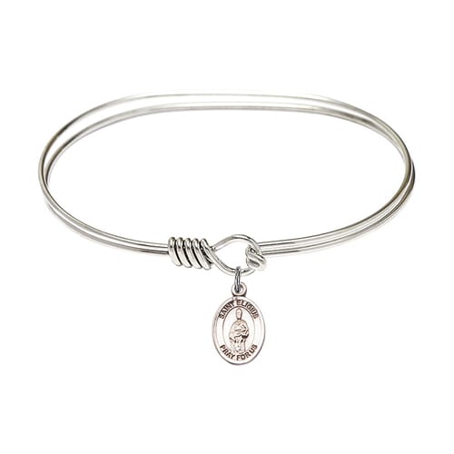 Adult 7&amp;quot; Oval Rhodium Plated Bangle Bracelet with St. Eligius Medal Charm