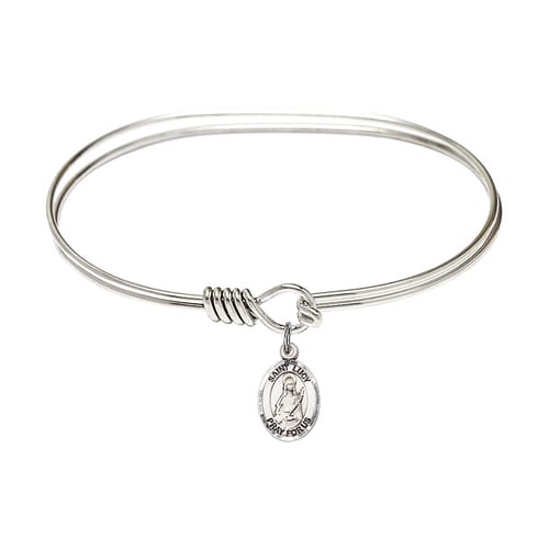 Adult 7&amp;quot; Oval Rhodium Plated Bangle Bracelet with St. Lucy Medal Charm