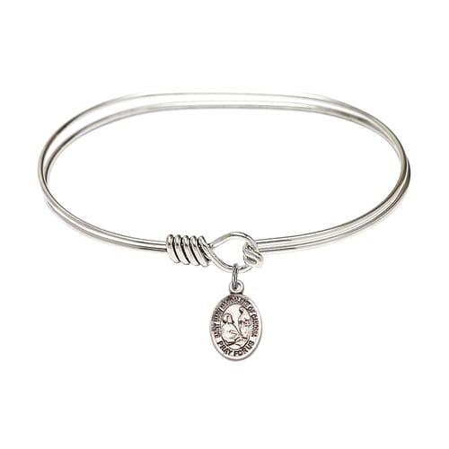 Adult 7&amp;quot; Oval Rhodium Plated Bangle Bracelet with St. Mary Magdalene of Canossa Medal Charm