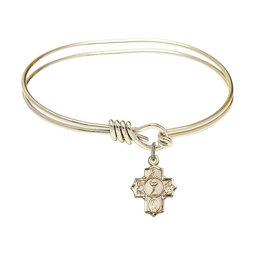 Youth Girl 5 3-4&amp;quot; Gold Plated Bangle Bracelet with First Communion 5-Way Medal Charm