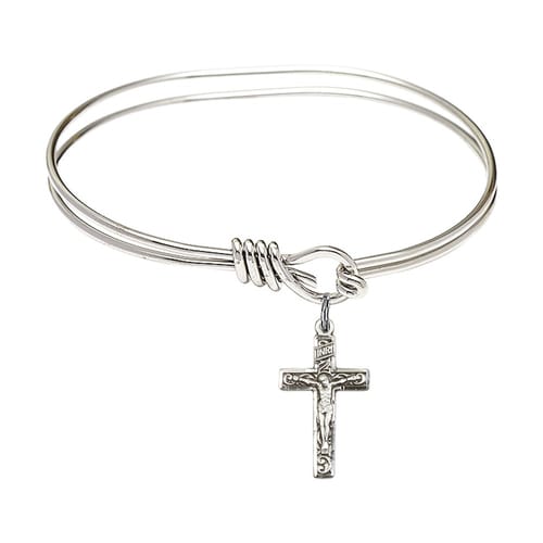 Youth 5 3-4&amp;quot; Rhodium Plated Bangle Bracelet with Crucifix Charm