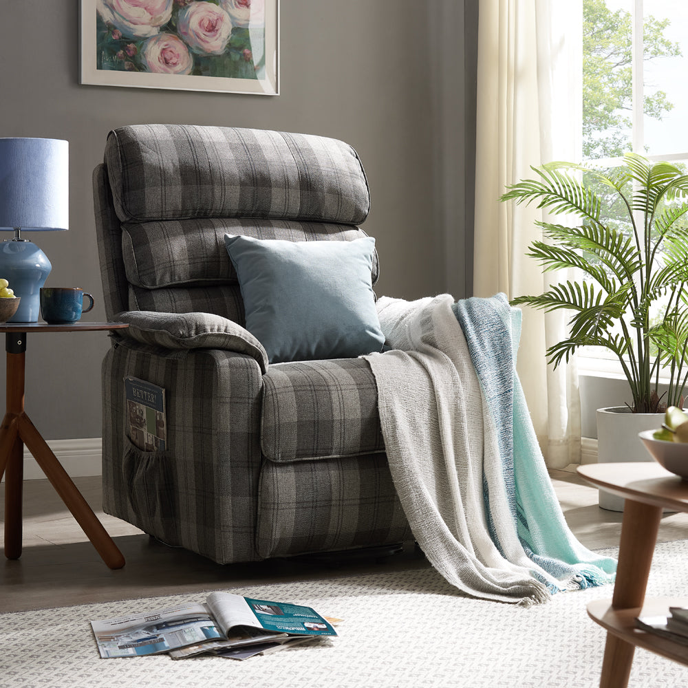 Blair Electric Recliner Lift And Tilt Riser Armchair, Grey Tartan