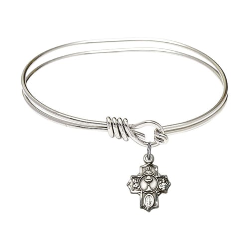 Youth Girl 5 3-4&amp;quot; Rhodium Plated Bangle Bracelet with First Communion 5-Way Medal Charm